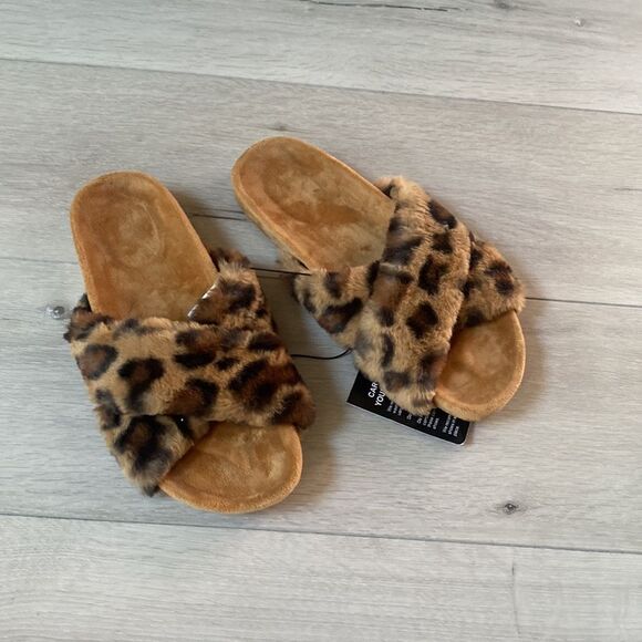 FITORY Womens Open Toe Slipper w/ Cozy Lining,Faux Rabbit Fur Cork Slide leopard - Picture 6 of 9